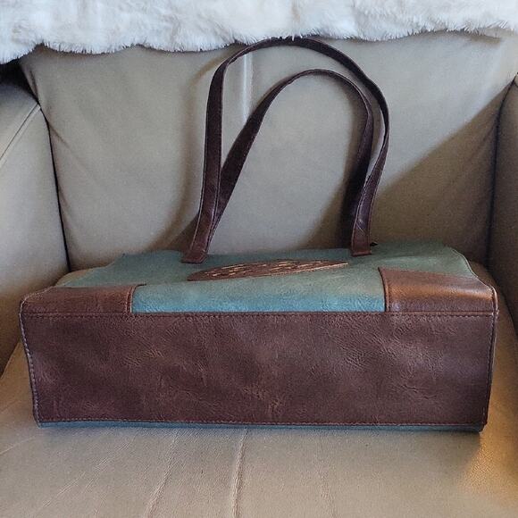 Classic Teal and Brown Tote Bag with Brown Faux Leather Accents - Picture 11 of 13